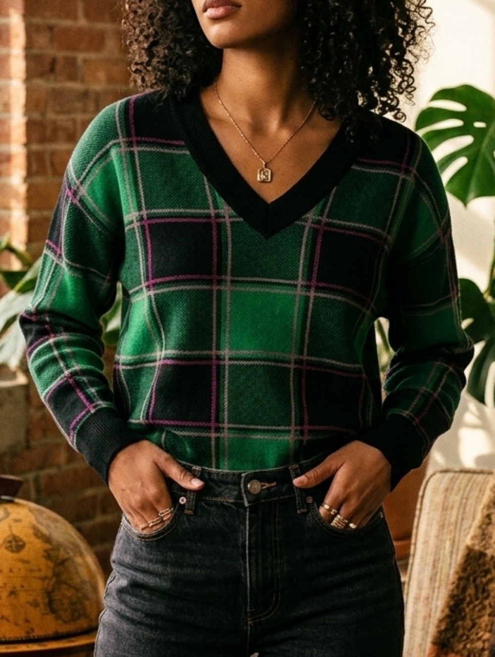 Tahari Green Plaid V-Neck Sweater with Black Trim Size Large Ptp 22" Rayon Blend